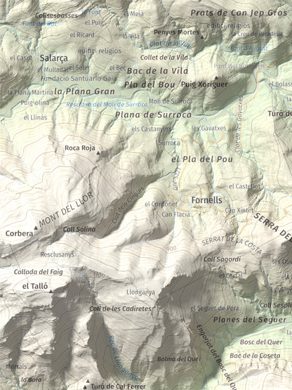 Mapa de relieve de Montmajor, 1074 m, Garrotxa, lámina 100 Cims de Trobart. Detalle de la zona superior izquierda. 30 × 40 cm.
