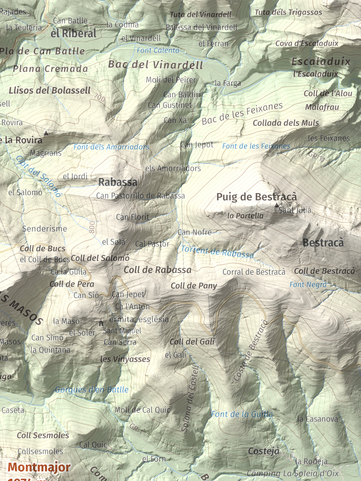 Mapa de relieve de Montmajor, 1074 m, Garrotxa, lámina 100 Cims de Trobart. Detalle de la zona superior derecha. 30 × 40 cm.