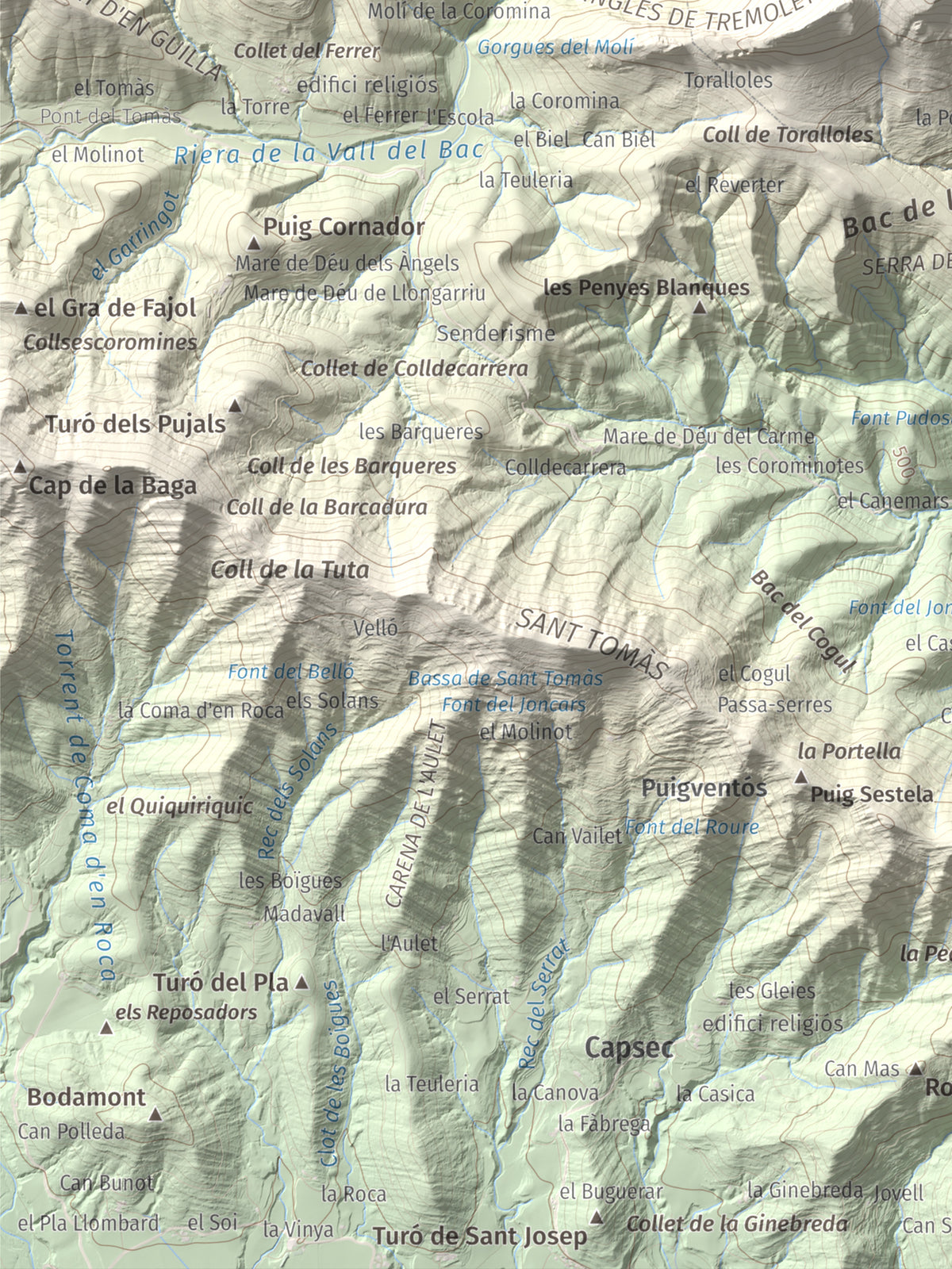 Mapa de relieve de Montmajor, 1074 m, Garrotxa, lámina 100 Cims de Trobart. Detalle de la zona inferior izquierda. 30 × 40 cm.