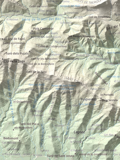 Mapa de relieve de Montmajor, 1074 m, Garrotxa, lámina 100 Cims de Trobart. Detalle de la zona inferior izquierda. 30 × 40 cm.