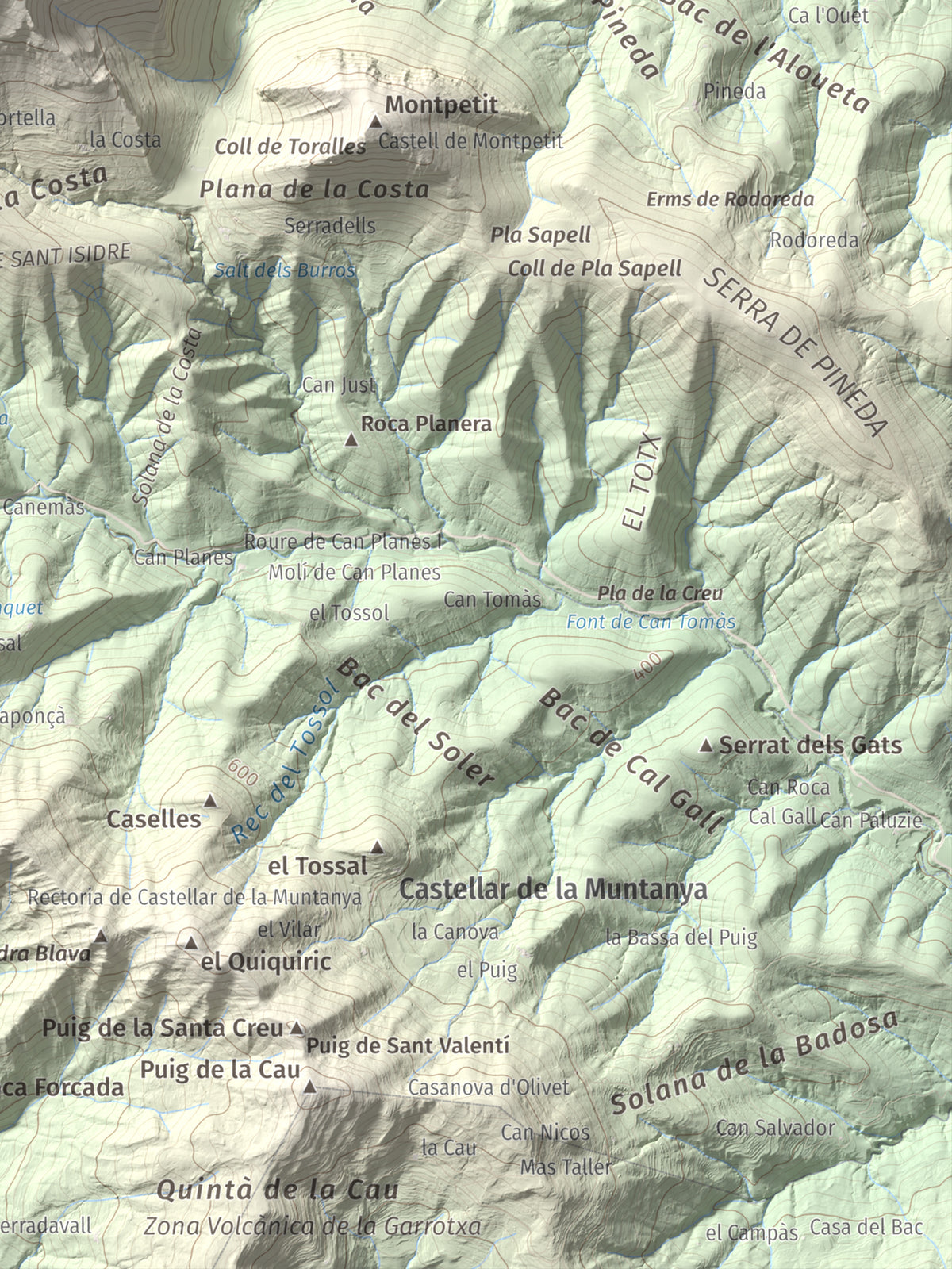 Mapa de relieve de Montmajor, 1074 m, Garrotxa, lámina 100 Cims de Trobart. Detalle de la zona inferior derecha. 30 × 40 cm.