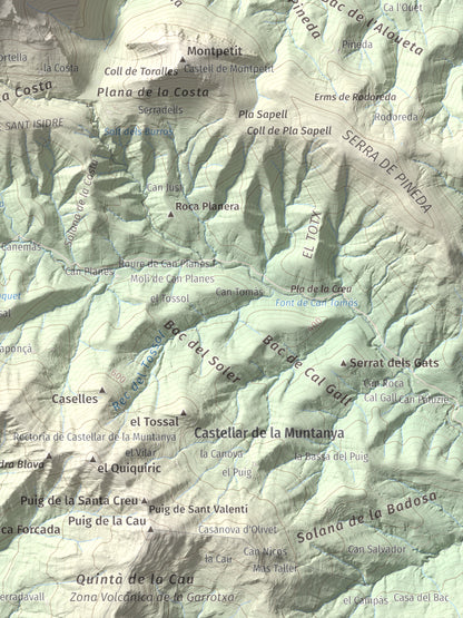 Mapa de relieve de Montmajor, 1074 m, Garrotxa, lámina 100 Cims de Trobart. Detalle de la zona inferior derecha. 30 × 40 cm.