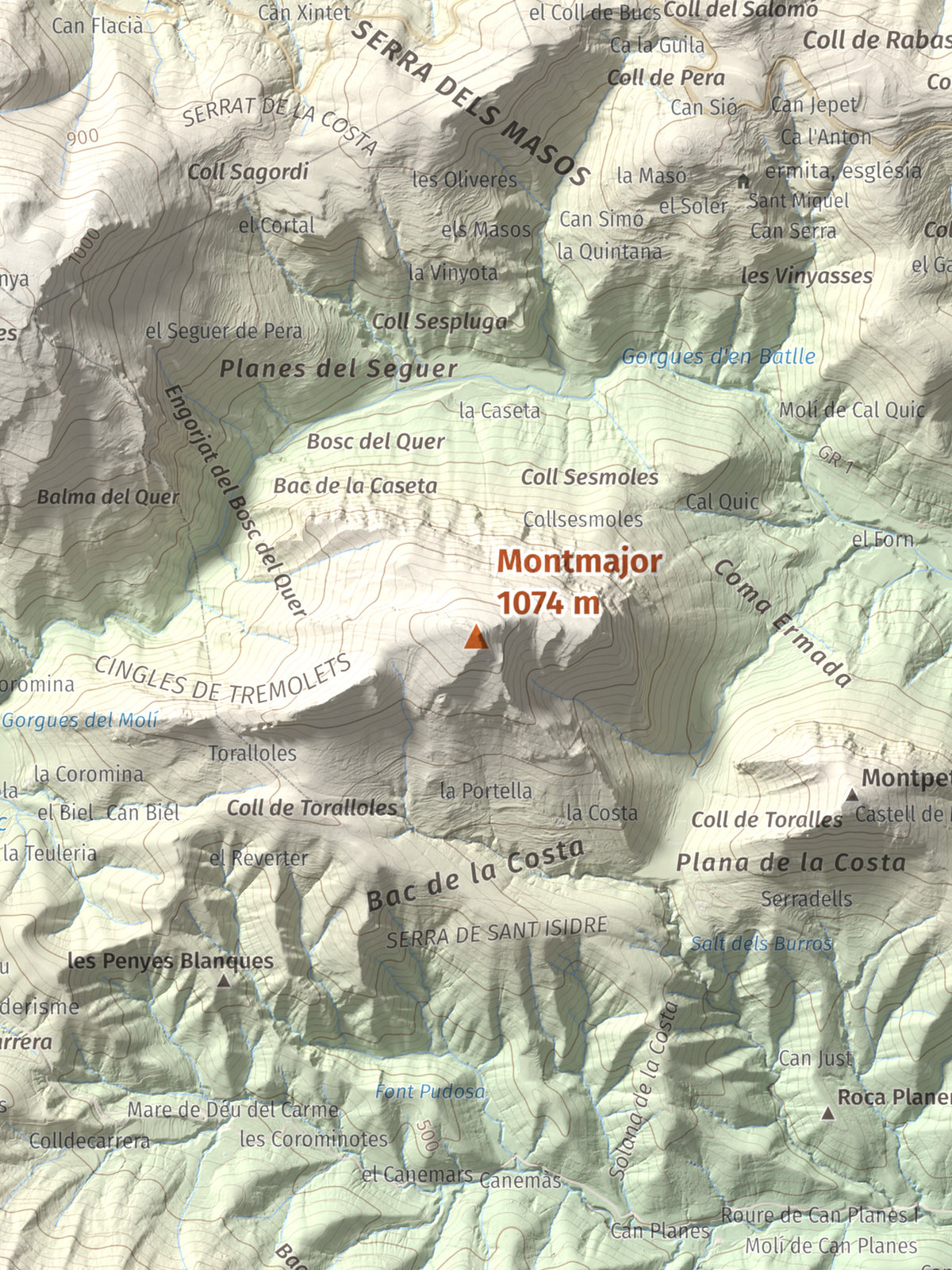 Mapa de relieve de Montmajor, 1074 m, Garrotxa, lámina 100 Cims de Trobart. Detalle de la zona central. 30 × 40 cm.