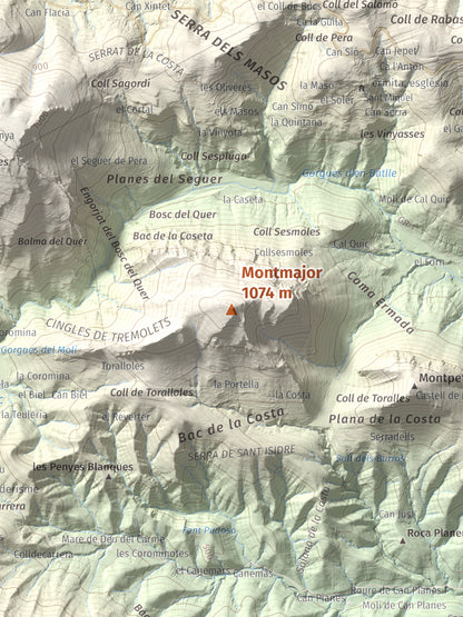Mapa de relieve de Montmajor, 1074 m, Garrotxa, lámina 100 Cims de Trobart. Detalle de la zona central. 30 × 40 cm.