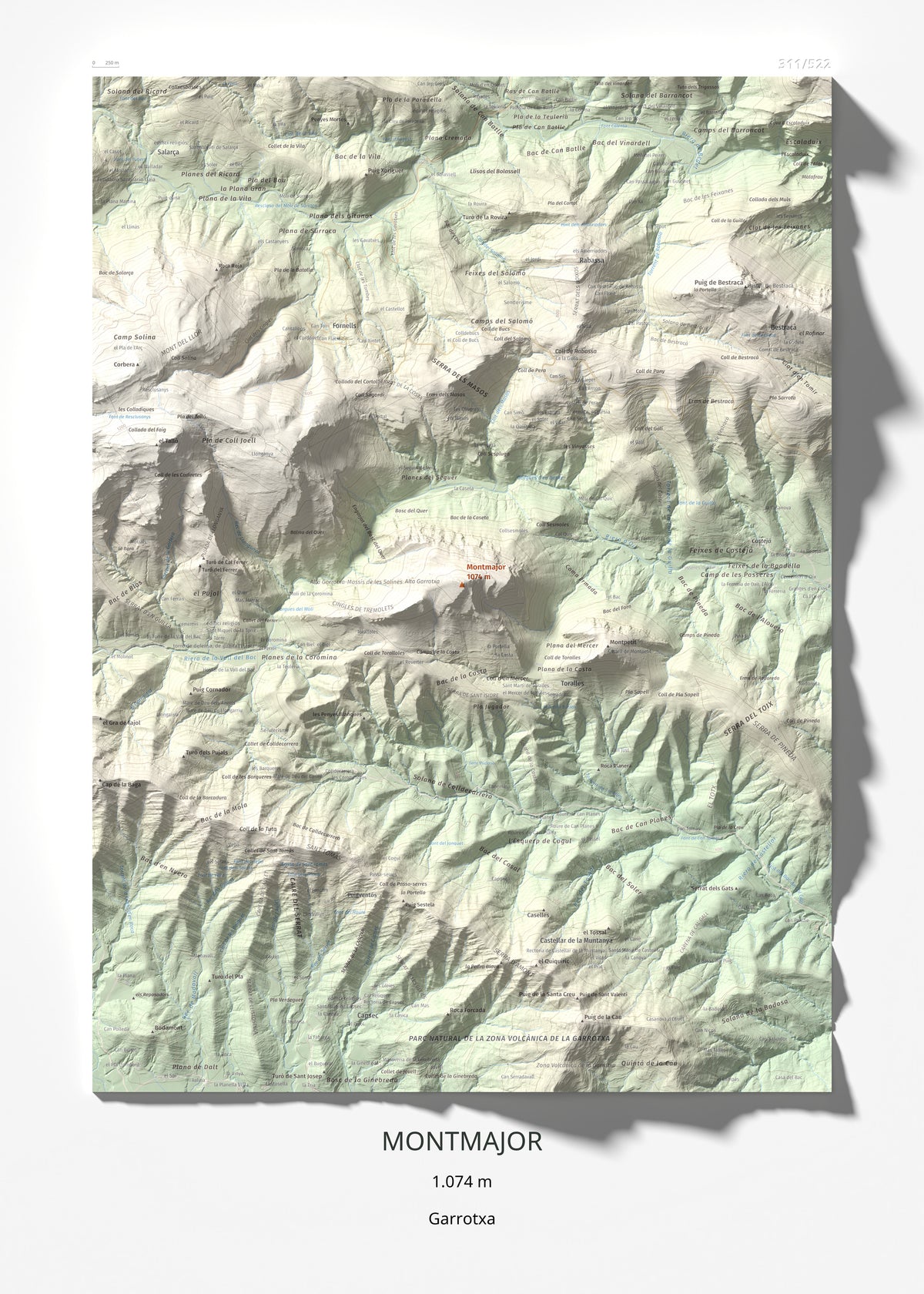 Mapa de relieve de Montmajor, 1074 m, Garrotxa, lámina 100 Cims de Trobart 50 × 70 cm.