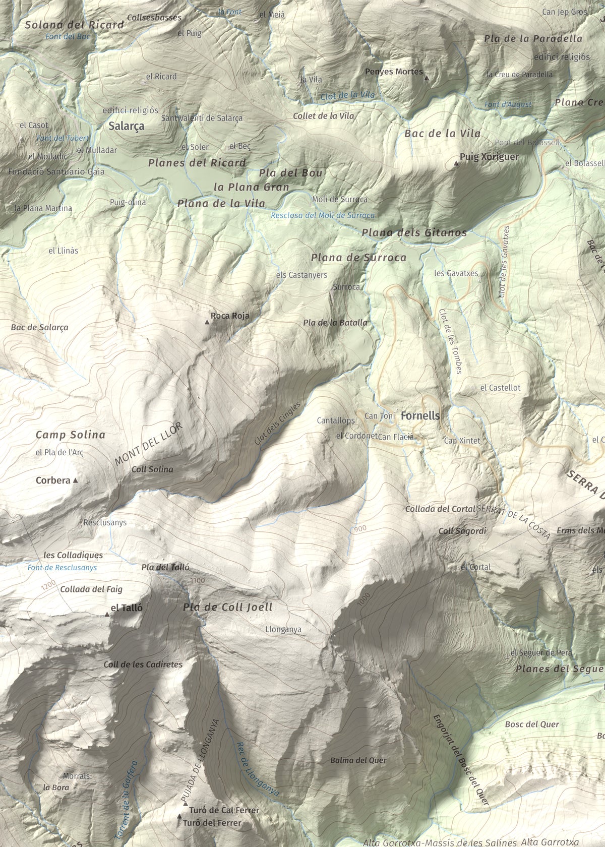 Mapa de relieve de Montmajor, 1074 m, Garrotxa, lámina 100 Cims de Trobart. Detalle de la zona superior izquierda. 50 × 70 cm.