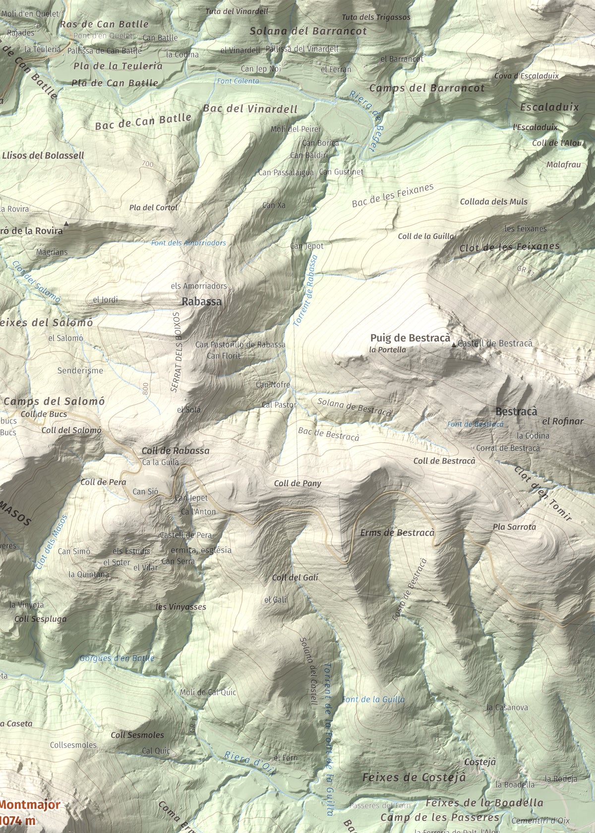 Mapa de relieve de Montmajor, 1074 m, Garrotxa, lámina 100 Cims de Trobart. Detalle de la zona superior derecha. 50 × 70 cm.