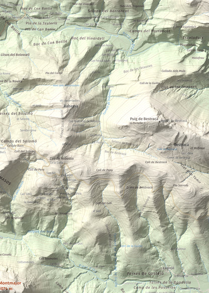 Mapa de relieve de Montmajor, 1074 m, Garrotxa, lámina 100 Cims de Trobart. Detalle de la zona superior derecha. 50 × 70 cm.