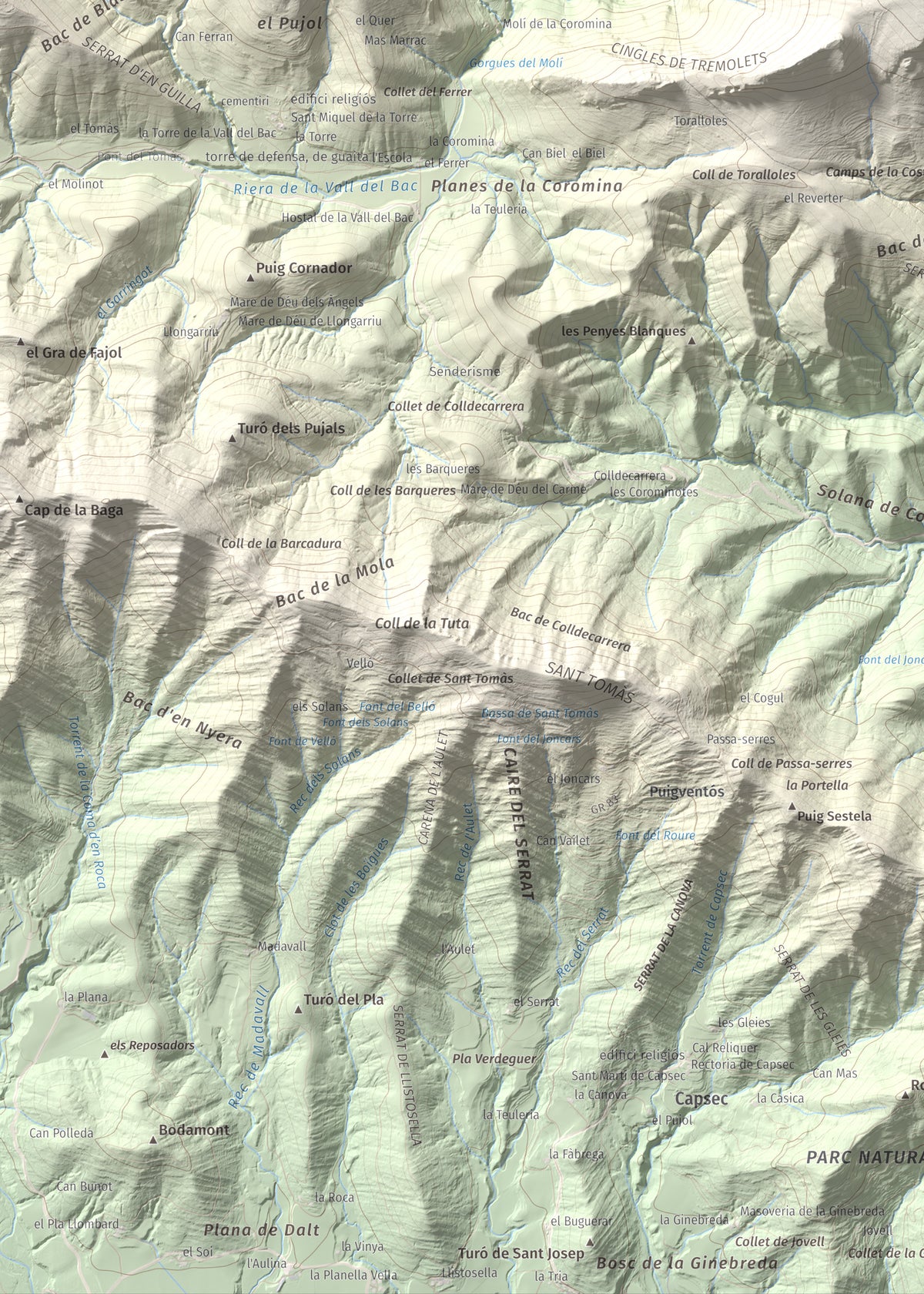 Mapa de relieve de Montmajor, 1074 m, Garrotxa, lámina 100 Cims de Trobart. Detalle de la zona inferior izquierda. 50 × 70 cm.