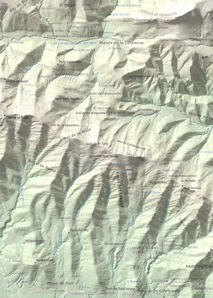 Mapa de relieve de Montmajor, 1074 m, Garrotxa, lámina 100 Cims de Trobart. Detalle de la zona inferior izquierda. 50 × 70 cm.