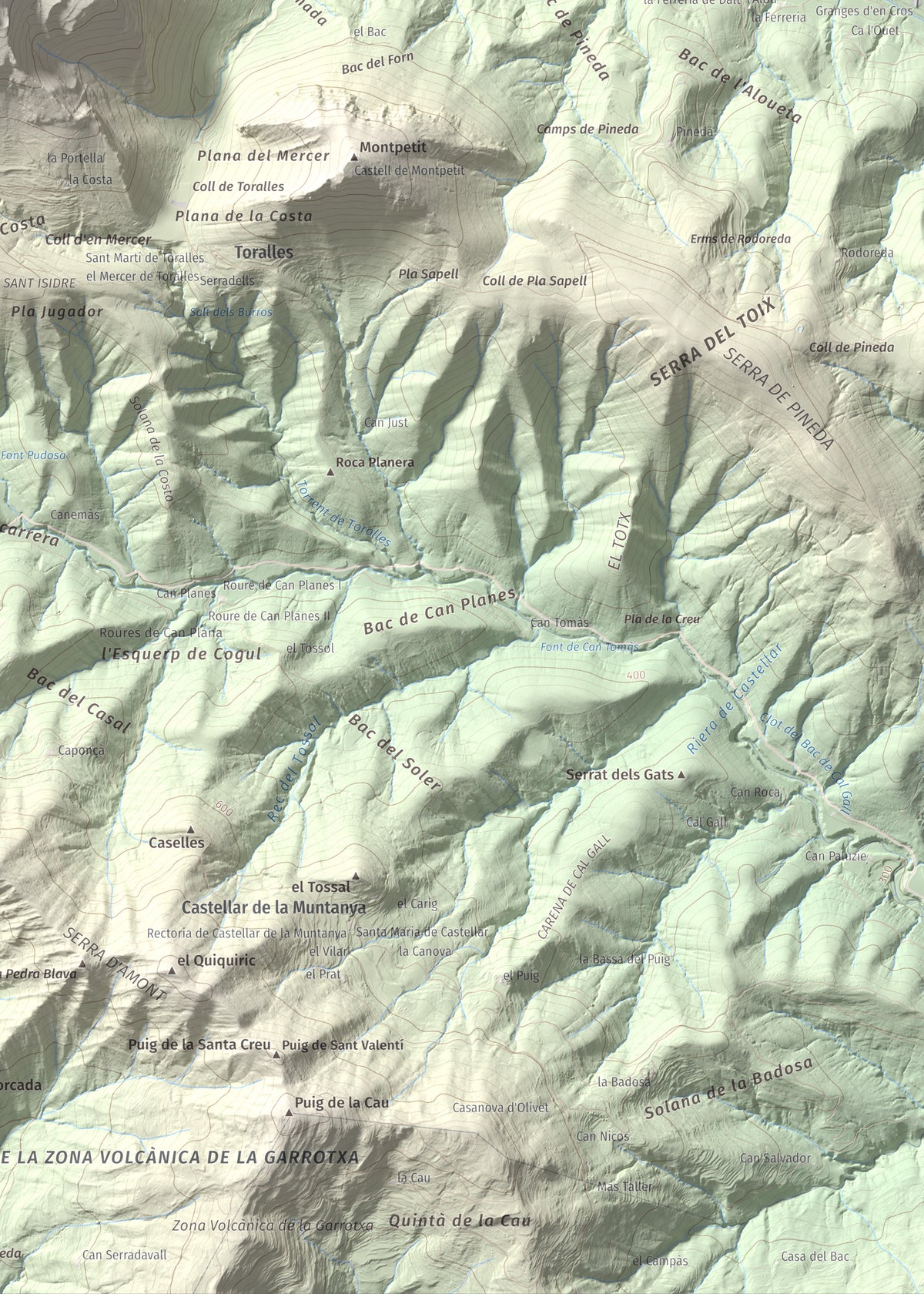 Mapa de relieve de Montmajor, 1074 m, Garrotxa, lámina 100 Cims de Trobart. Detalle de la zona inferior derecha. 50 × 70 cm.