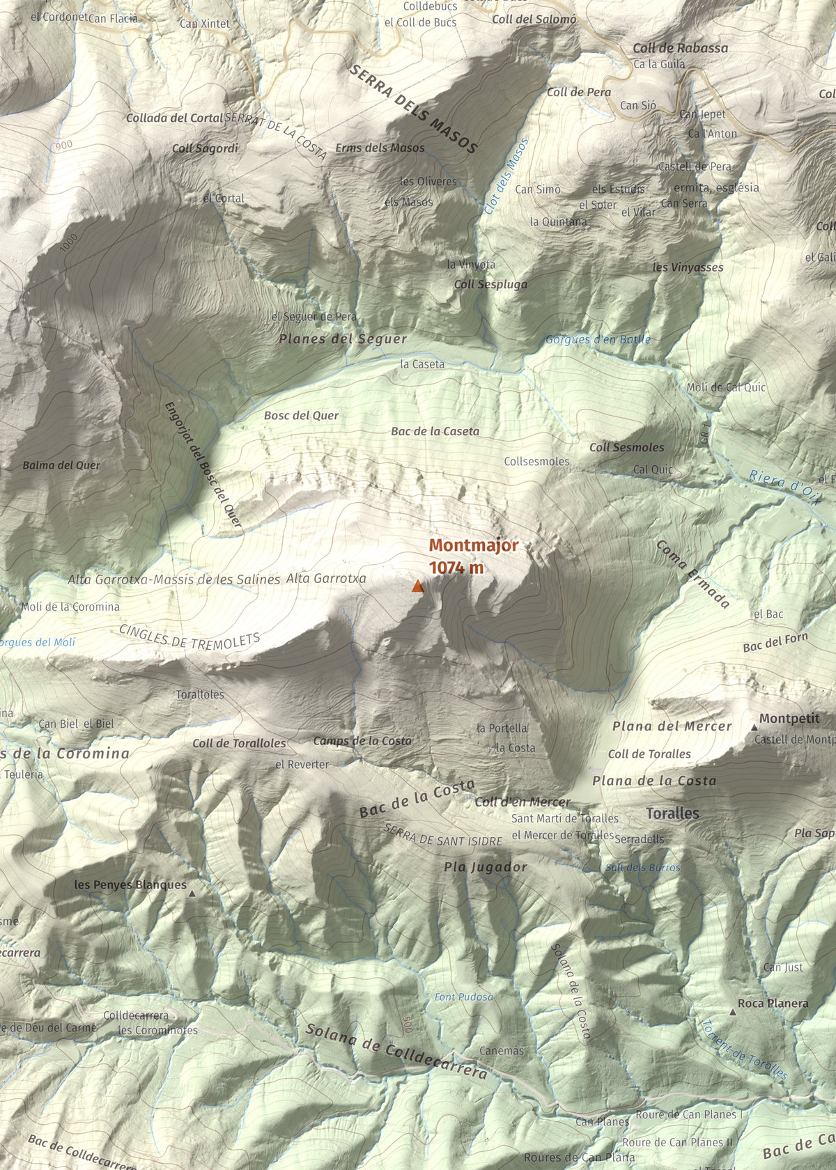 Mapa de relieve de Montmajor, 1074 m, Garrotxa, lámina 100 Cims de Trobart. Detalle de la zona central. 50 × 70 cm.