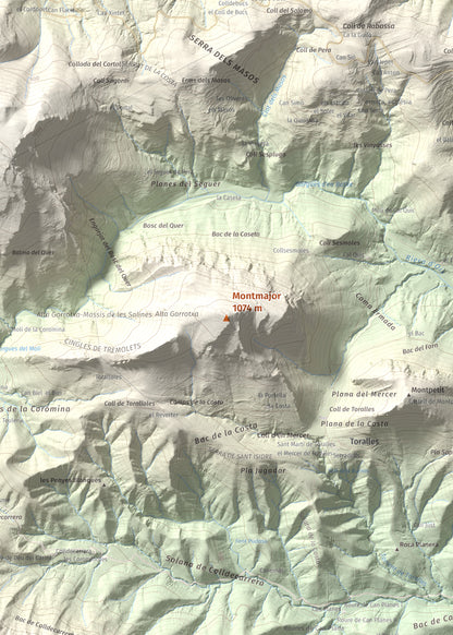 Mapa de relieve de Montmajor, 1074 m, Garrotxa, lámina 100 Cims de Trobart. Detalle de la zona central. 50 × 70 cm.