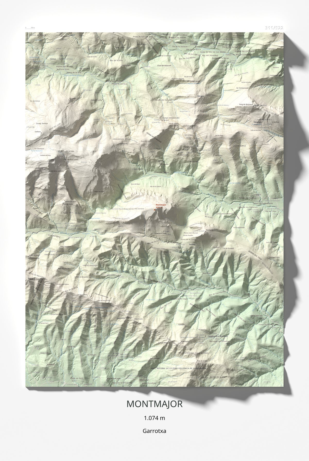 Mapa de relieve de Montmajor, 1074 m, Garrotxa, lámina 100 Cims de Trobart 61 × 91 cm.