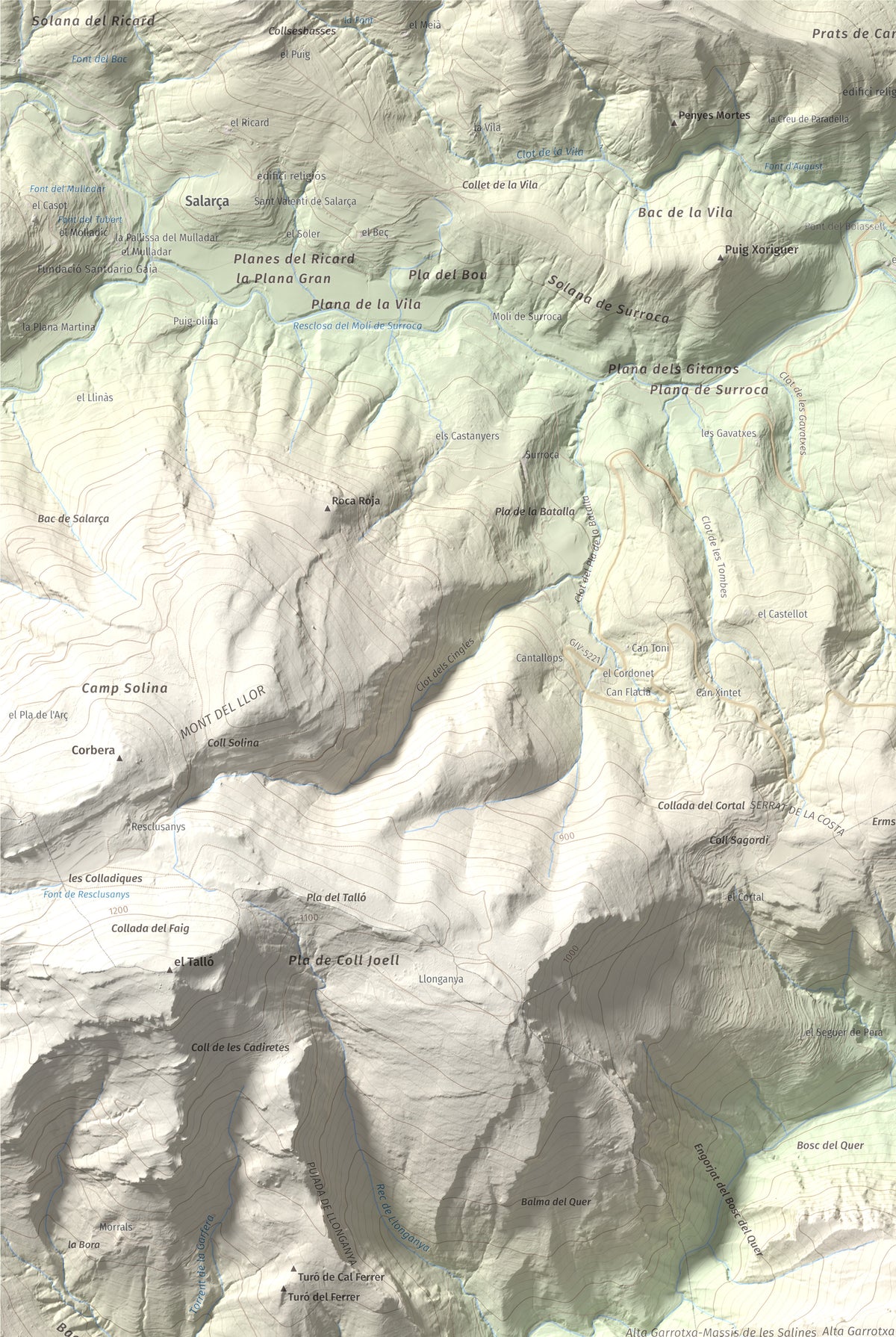 Mapa de relieve de Montmajor, 1074 m, Garrotxa, lámina 100 Cims de Trobart. Detalle de la zona superior izquierda. 61 × 91 cm.