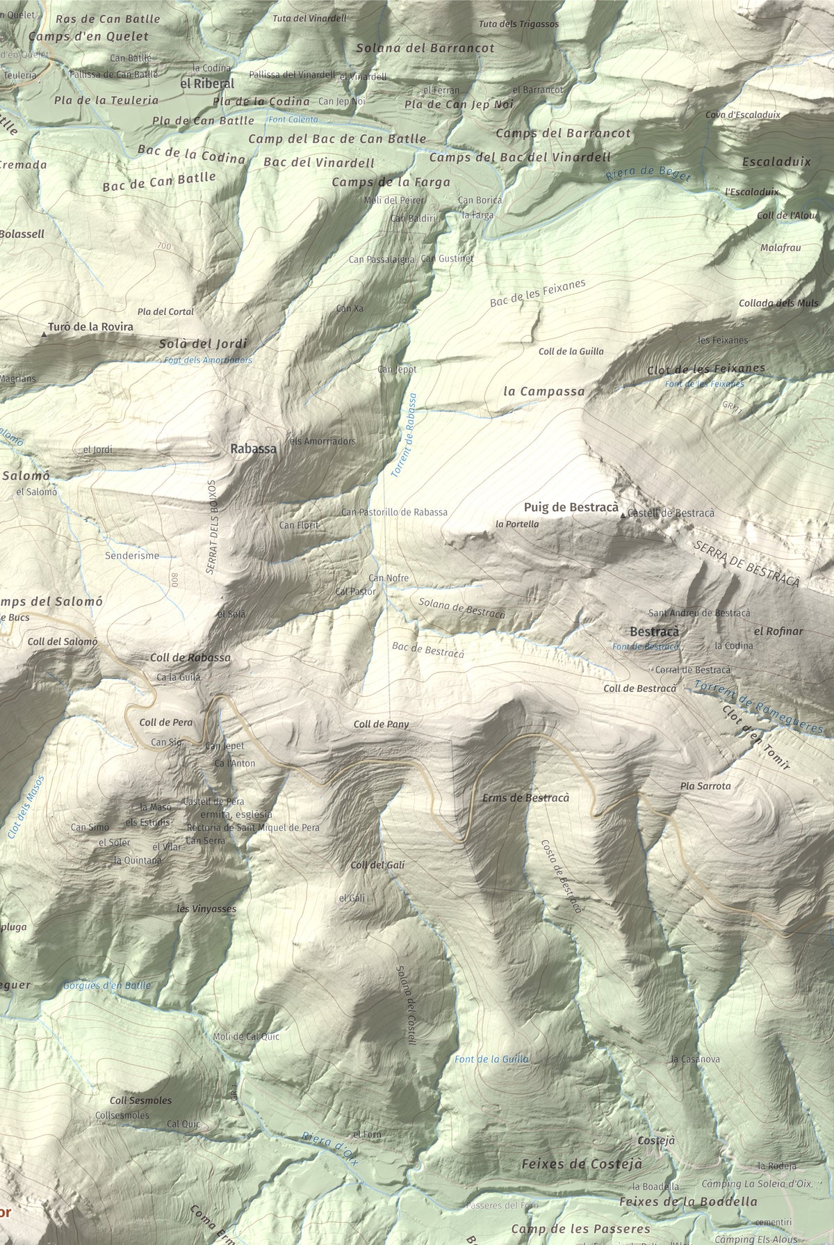 Mapa de relieve de Montmajor, 1074 m, Garrotxa, lámina 100 Cims de Trobart. Detalle de la zona superior derecha. 61 × 91 cm.