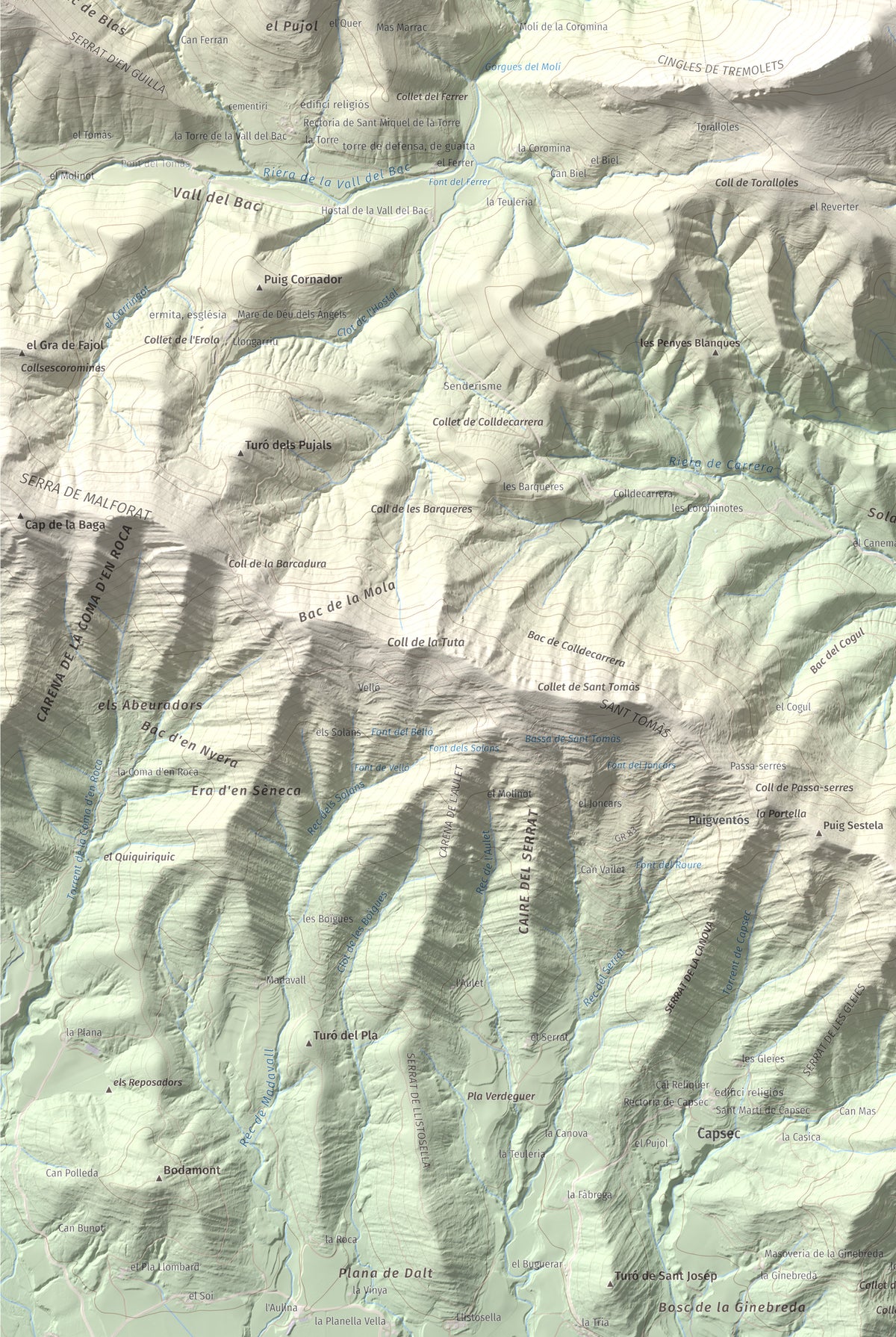 Mapa de relieve de Montmajor, 1074 m, Garrotxa, lámina 100 Cims de Trobart. Detalle de la zona inferior izquierda. 61 × 91 cm.