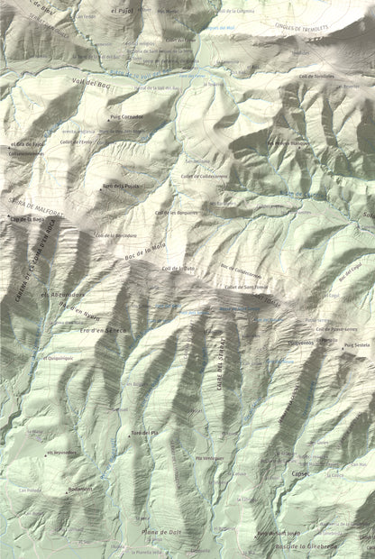 Mapa de relieve de Montmajor, 1074 m, Garrotxa, lámina 100 Cims de Trobart. Detalle de la zona inferior izquierda. 61 × 91 cm.