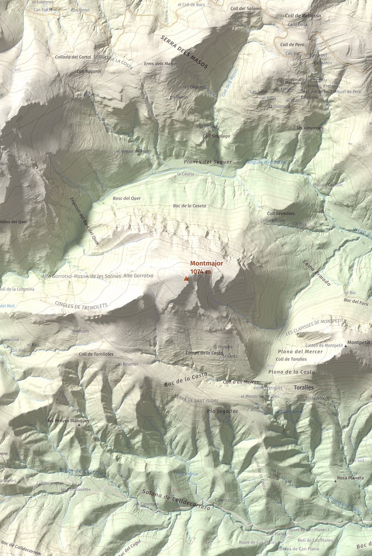 Mapa de relieve de Montmajor, 1074 m, Garrotxa, lámina 100 Cims de Trobart. Detalle de la zona central. 61 × 91 cm.
