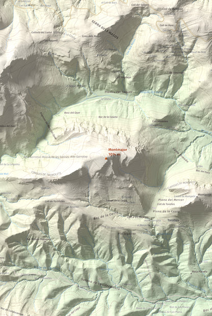 Mapa de relieve de Montmajor, 1074 m, Garrotxa, lámina 100 Cims de Trobart. Detalle de la zona central. 61 × 91 cm.