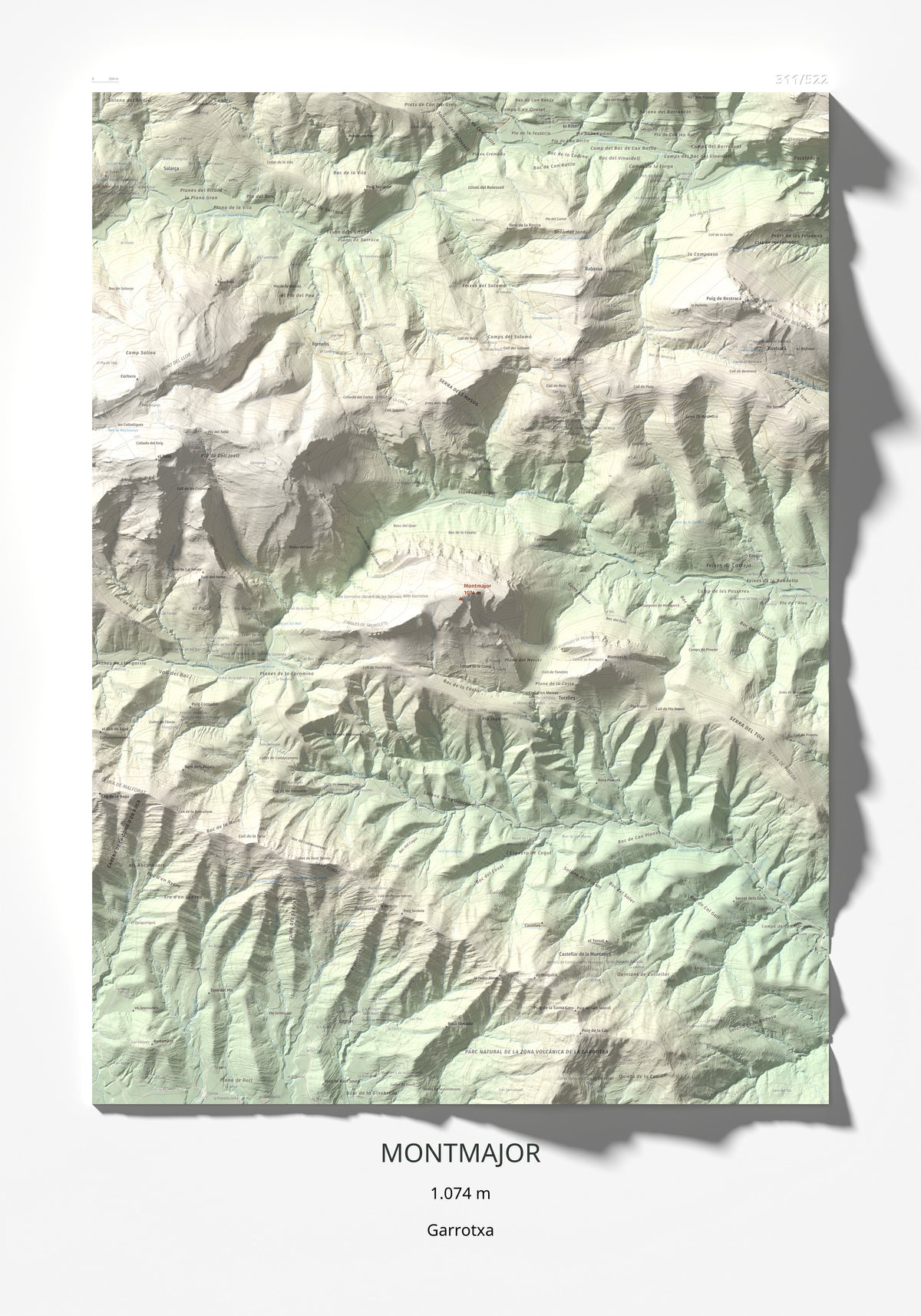 Mapa de relieve de Montmajor, 1074 m, Garrotxa, lámina 100 Cims de Trobart 70 × 100 cm.
