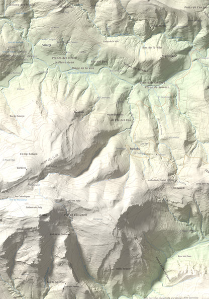 Mapa de relieve de Montmajor, 1074 m, Garrotxa, lámina 100 Cims de Trobart. Detalle de la zona superior izquierda. 70 × 100 cm.