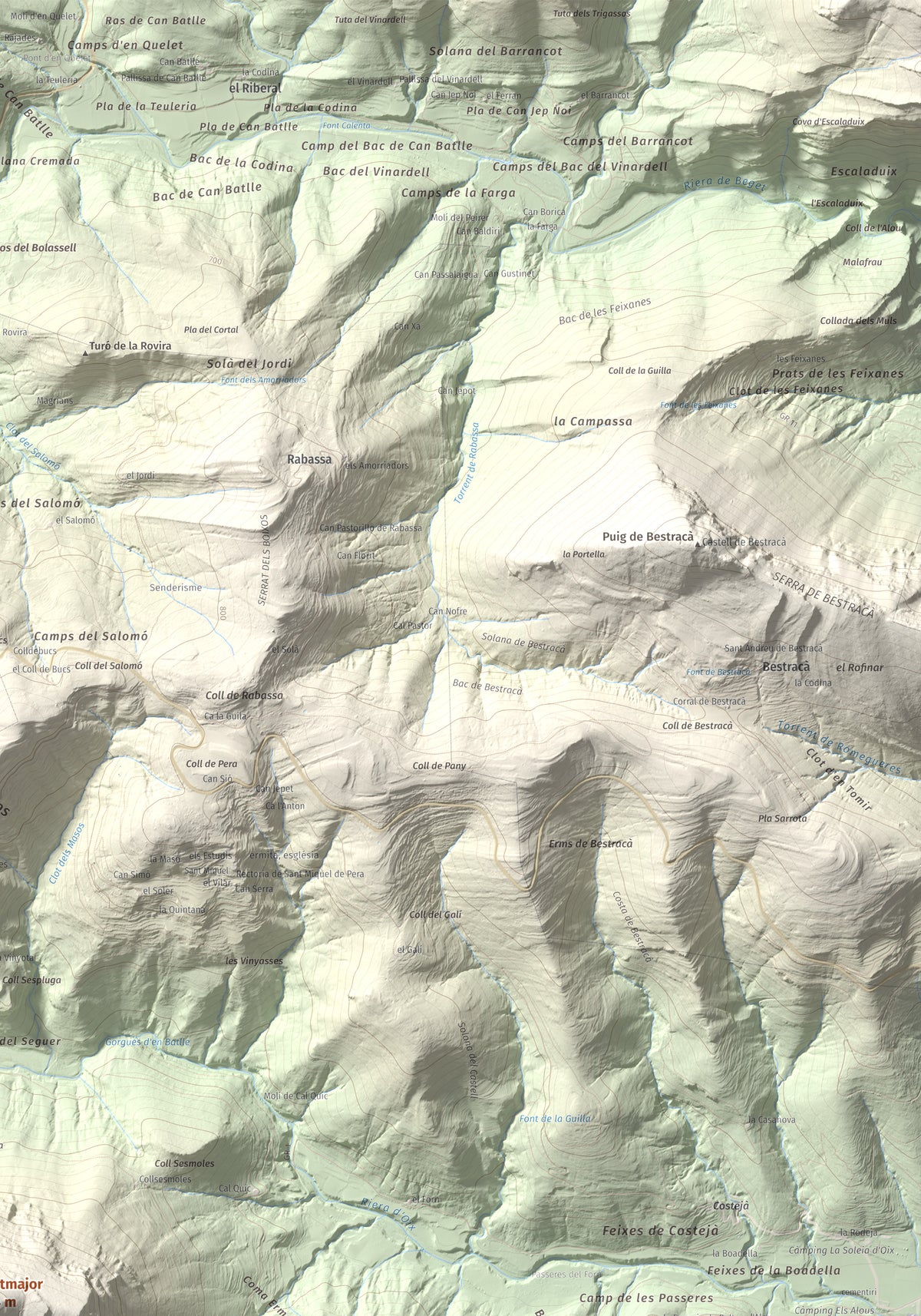 Mapa de relieve de Montmajor, 1074 m, Garrotxa, lámina 100 Cims de Trobart. Detalle de la zona superior derecha. 70 × 100 cm.