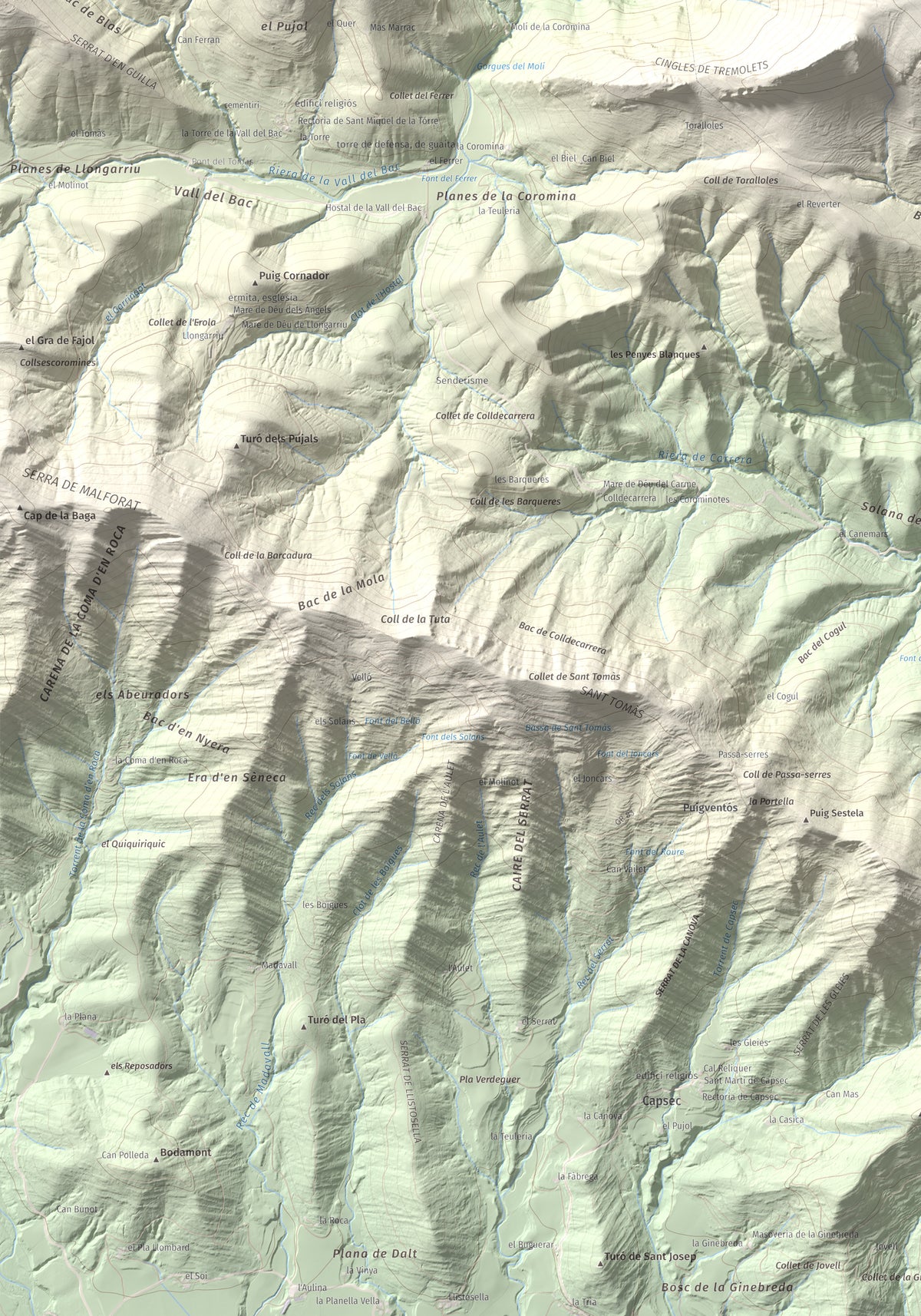 Mapa de relieve de Montmajor, 1074 m, Garrotxa, lámina 100 Cims de Trobart. Detalle de la zona inferior izquierda. 70 × 100 cm.