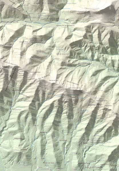 Mapa de relieve de Montmajor, 1074 m, Garrotxa, lámina 100 Cims de Trobart. Detalle de la zona inferior izquierda. 70 × 100 cm.