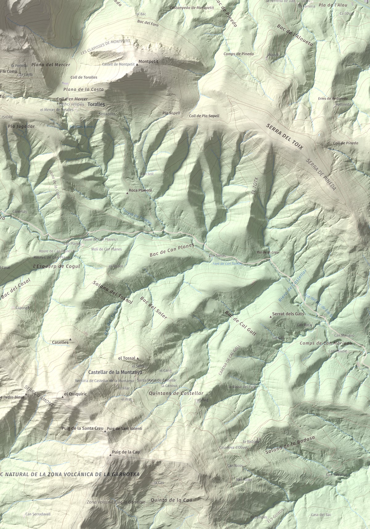 Mapa de relieve de Montmajor, 1074 m, Garrotxa, lámina 100 Cims de Trobart. Detalle de la zona inferior derecha. 70 × 100 cm.