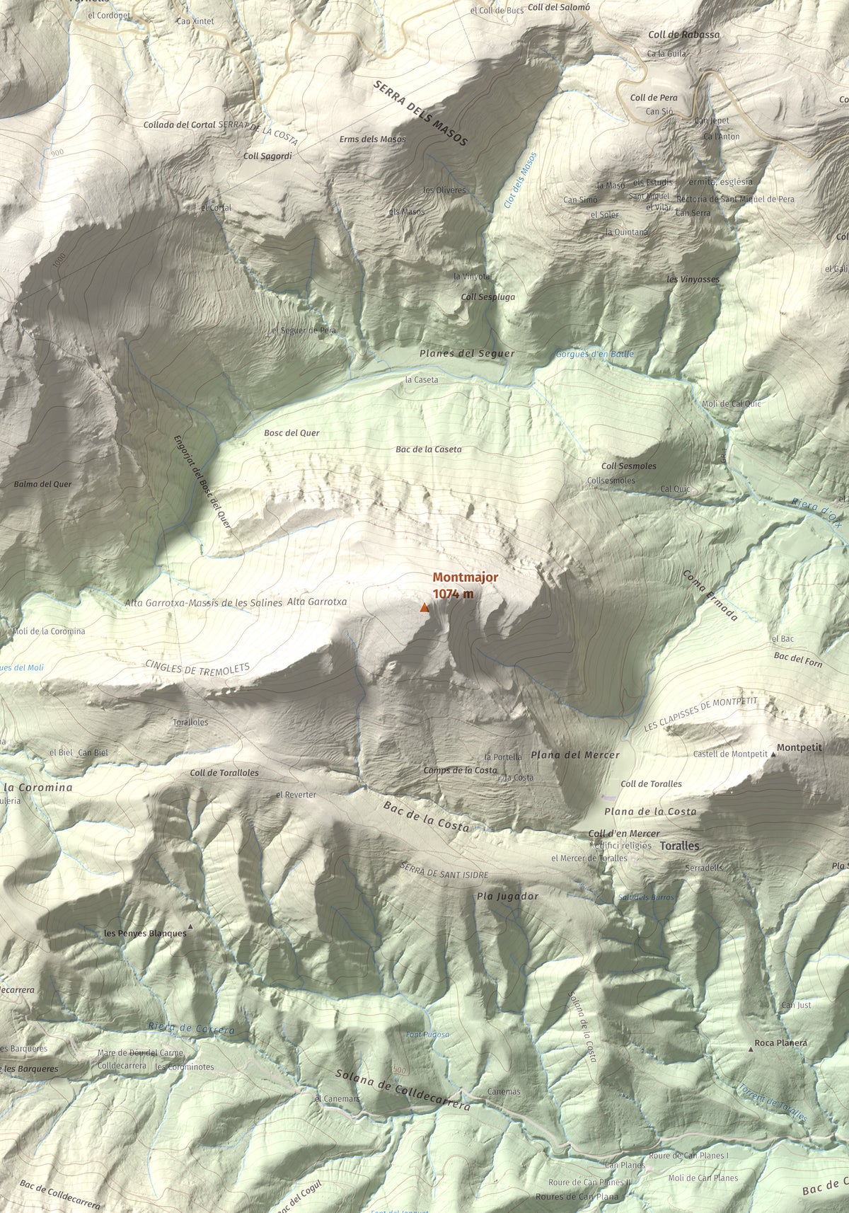 Mapa de relieve de Montmajor, 1074 m, Garrotxa, lámina 100 Cims de Trobart. Detalle de la zona central. 70 × 100 cm.