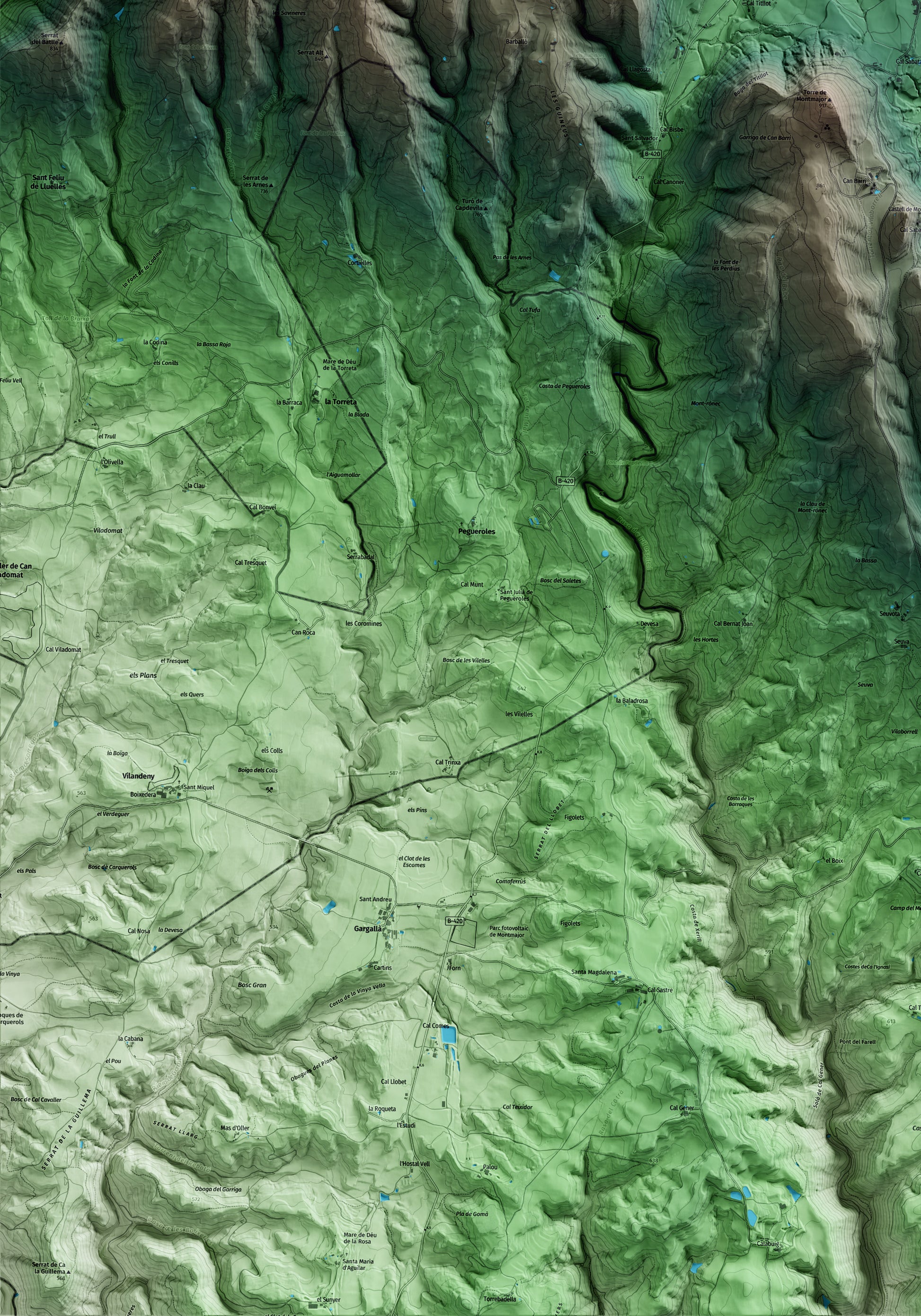 Mapa artístico del relieve de Montmajor, al Berguedà, con 15 km de entorno y base topográfica ICGC. Detalle de la zona inferior izquierda.