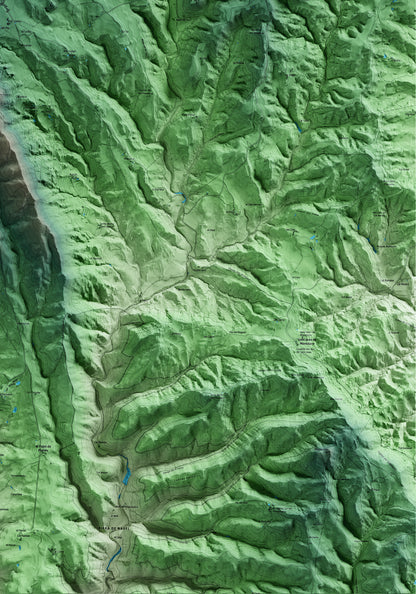 Mapa artístico del relieve de Montmajor, al Berguedà, con 15 km de entorno y base topográfica ICGC. Detalle de la zona inferior derecha.