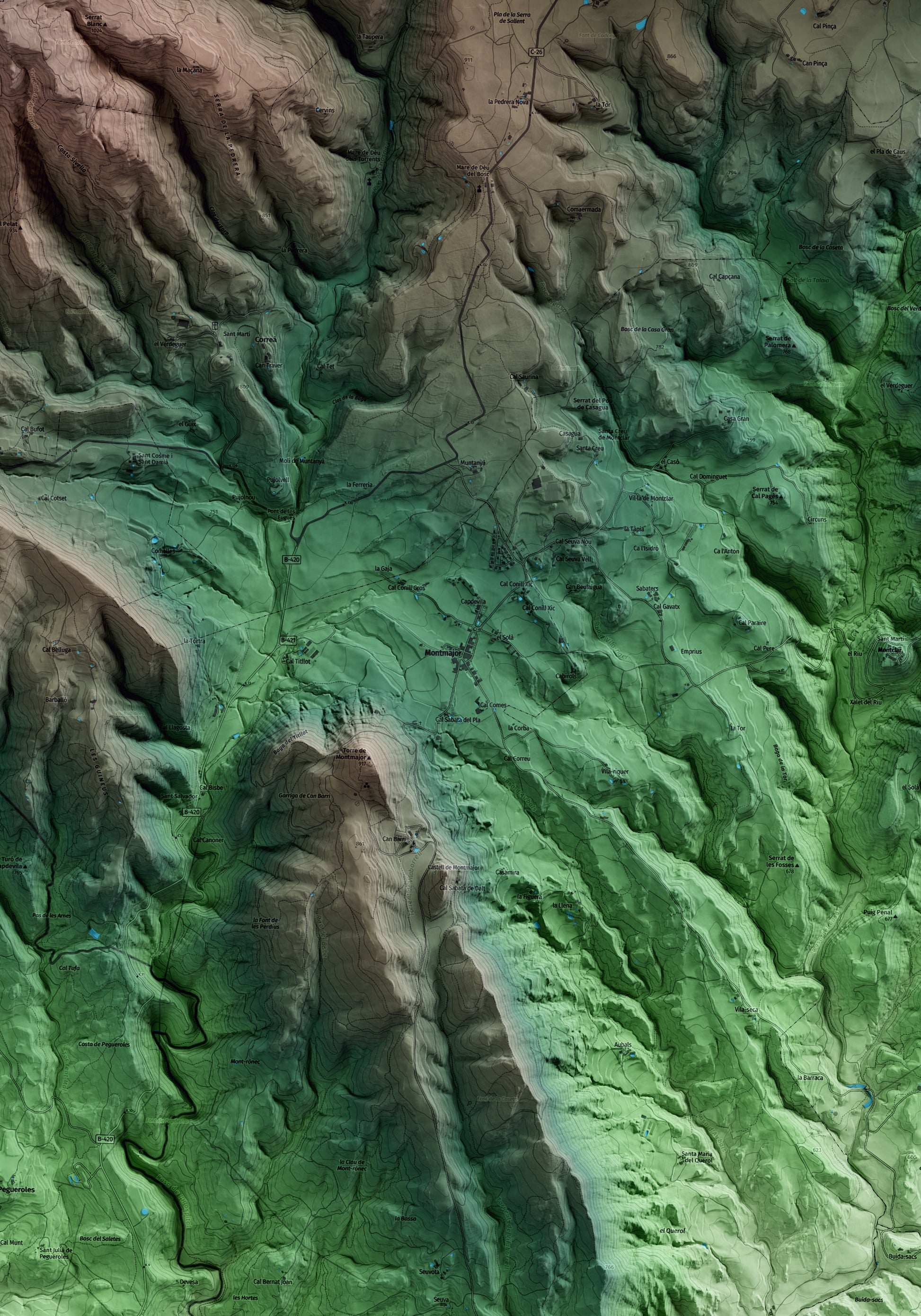 Mapa artístico del relieve de Montmajor, al Berguedà, con 15 km de entorno y base topográfica ICGC. Detalle de la zona central.