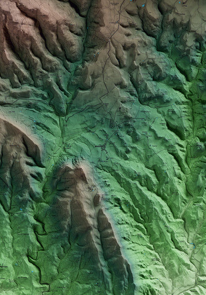 Mapa artístico del relieve de Montmajor, al Berguedà, con 15 km de entorno y base topográfica ICGC. Detalle de la zona central.