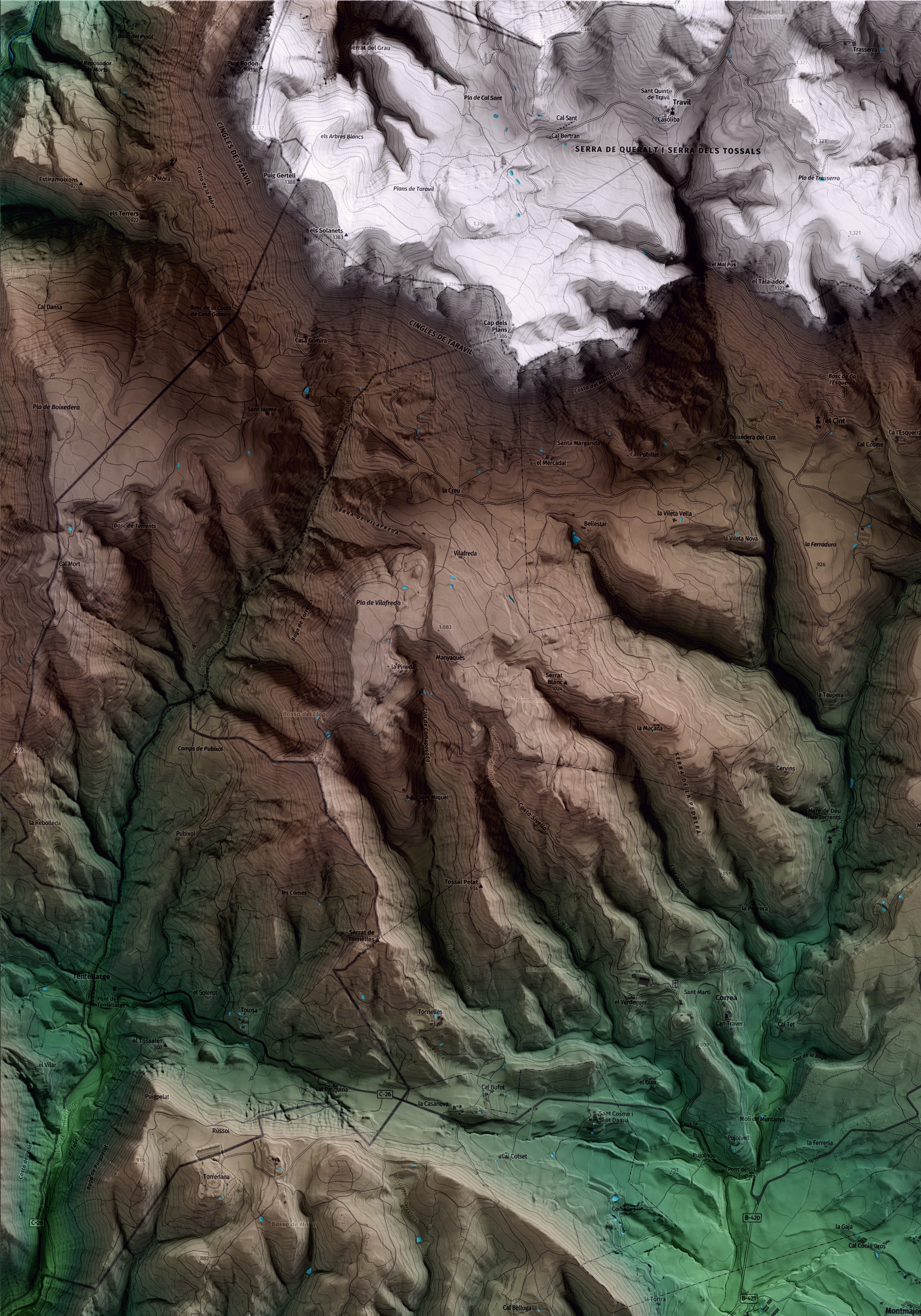 Mapa artístico del relieve de Montmajor, al Berguedà, con 15 km de entorno y base topográfica ICGC. Detalle de la zona superior izquierda.