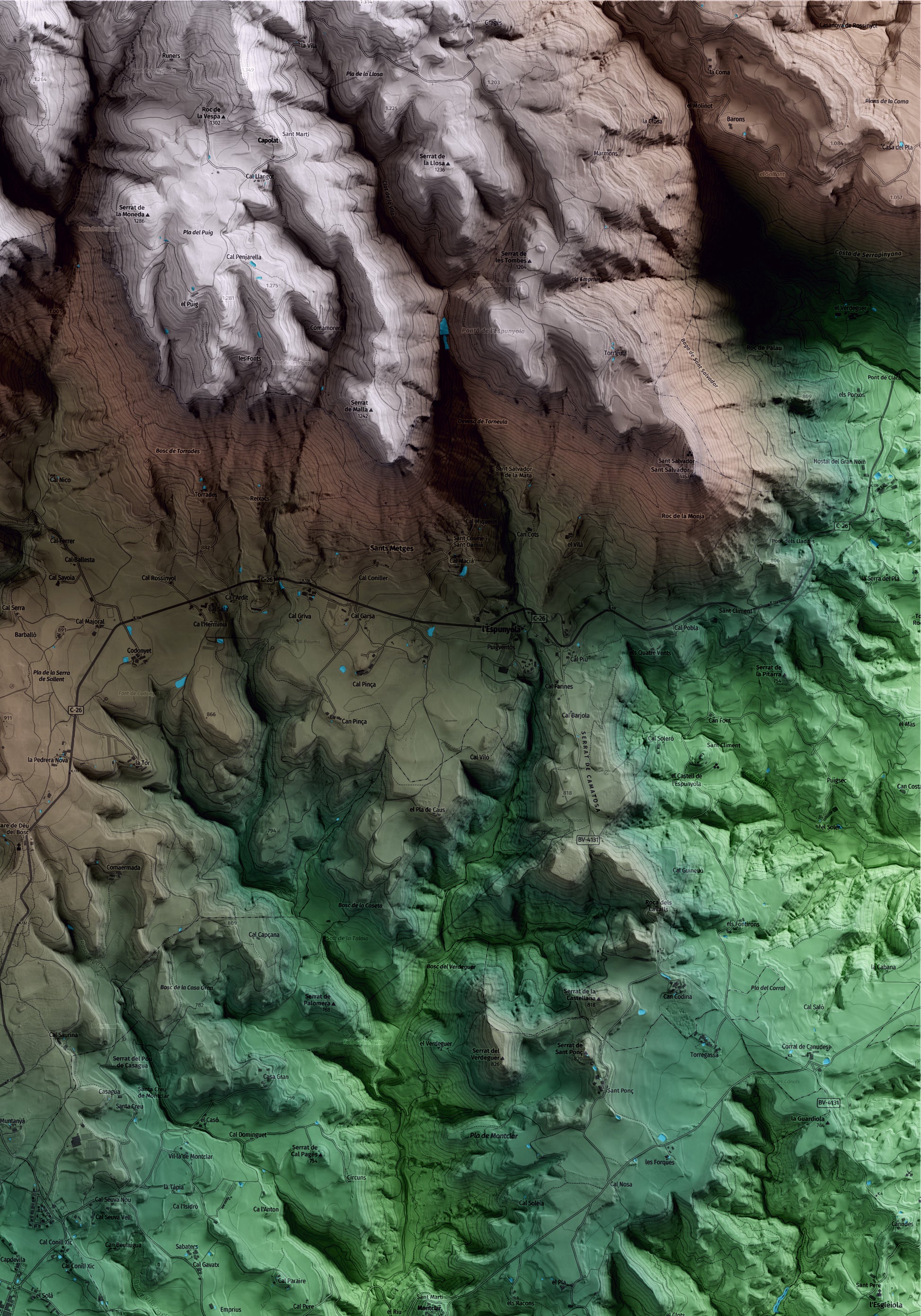 Mapa artístico del relieve de Montmajor, al Berguedà, con 15 km de entorno y base topográfica ICGC. Detalle de la zona superior derecha.