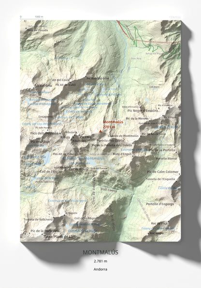 Mapa de relieve de Montmalús, 2781 m, Andorra, lámina 100 Cims de Trobart 21 × 30 cm.