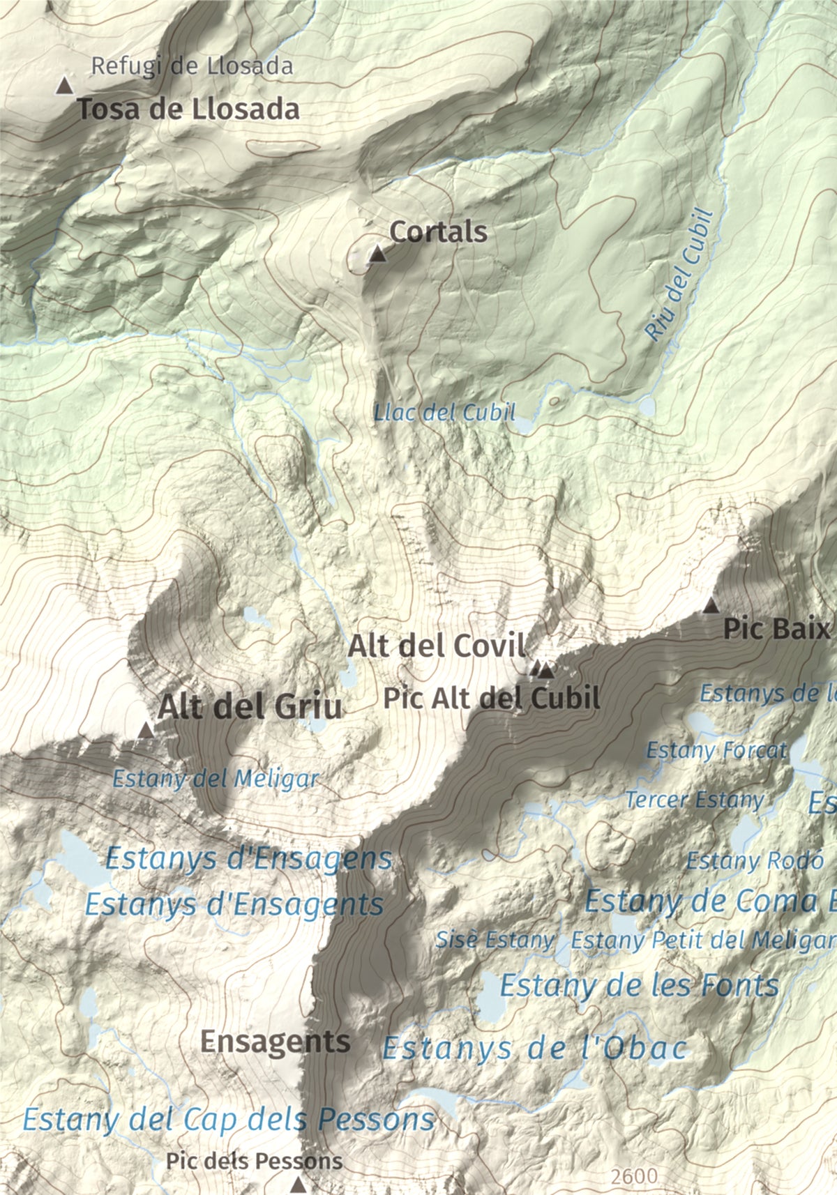 Mapa de relieve de Montmalús, 2781 m, Andorra, lámina 100 Cims de Trobart. Detalle de la zona superior izquierda. 21 × 30 cm.