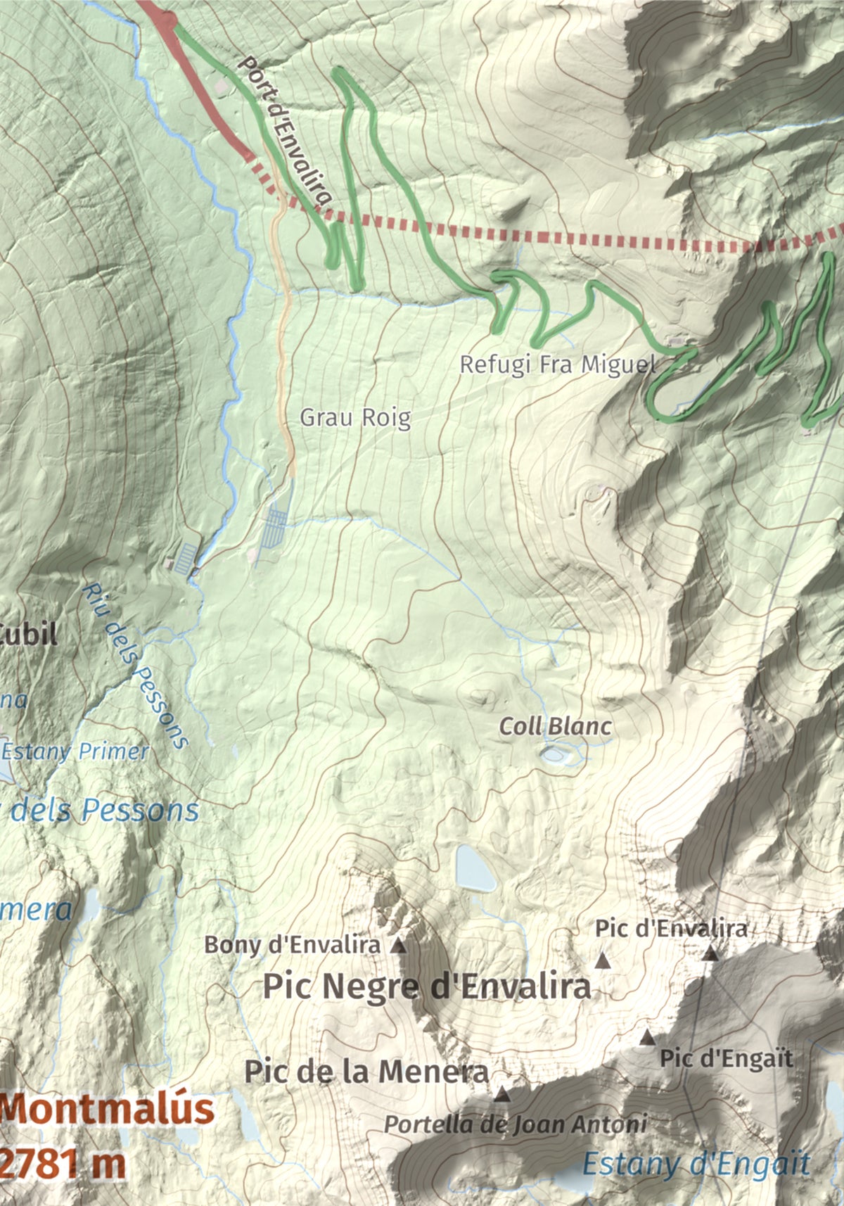 Mapa de relieve de Montmalús, 2781 m, Andorra, lámina 100 Cims de Trobart. Detalle de la zona superior derecha. 21 × 30 cm.