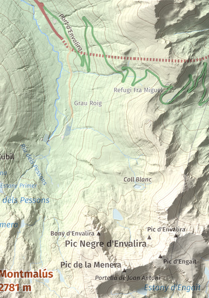 Mapa de relieve de Montmalús, 2781 m, Andorra, lámina 100 Cims de Trobart. Detalle de la zona superior derecha. 21 × 30 cm.