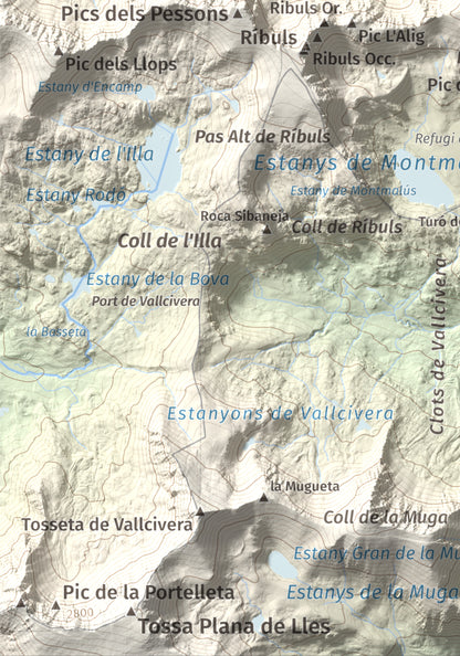 Mapa de relieve de Montmalús, 2781 m, Andorra, lámina 100 Cims de Trobart. Detalle de la zona inferior izquierda. 21 × 30 cm.