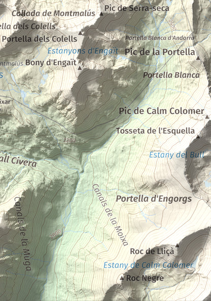 Mapa de relieve de Montmalús, 2781 m, Andorra, lámina 100 Cims de Trobart. Detalle de la zona inferior derecha. 21 × 30 cm.