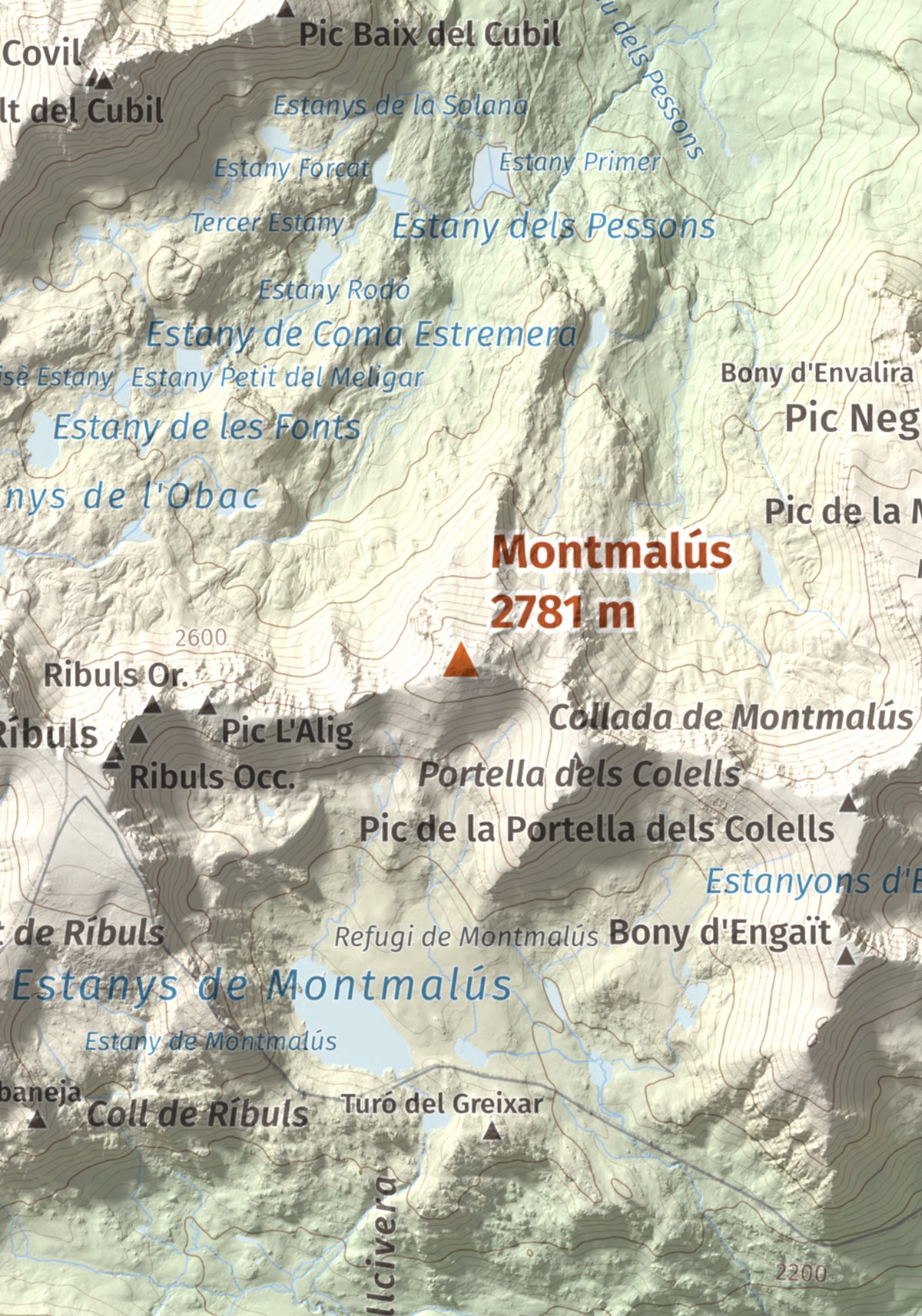 Mapa de relieve de Montmalús, 2781 m, Andorra, lámina 100 Cims de Trobart. Detalle de la zona central. 21 × 30 cm.
