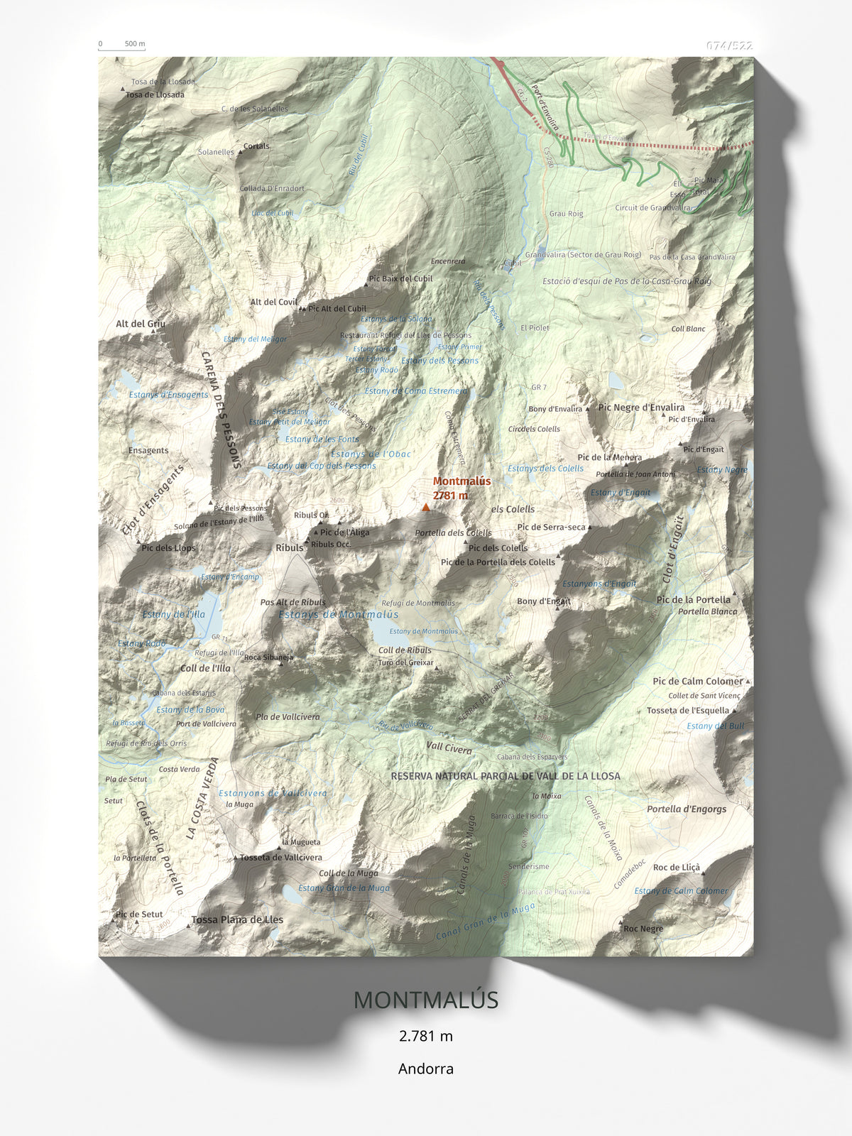 Mapa de relieve de Montmalús, 2781 m, Andorra, lámina 100 Cims de Trobart 30 × 40 cm.