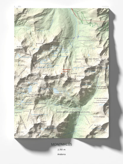Mapa de relieve de Montmalús, 2781 m, Andorra, lámina 100 Cims de Trobart 30 × 40 cm.