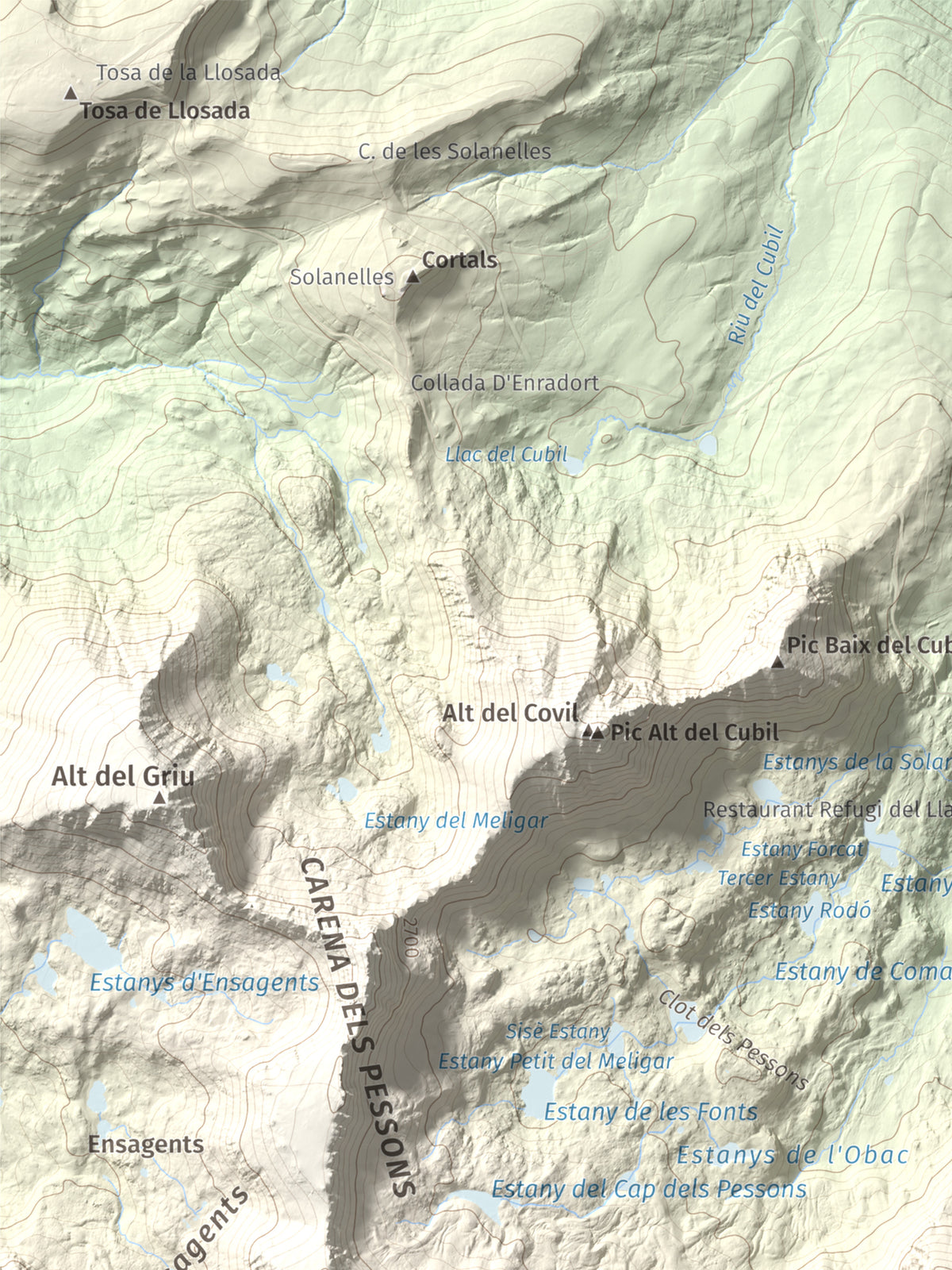 Mapa de relieve de Montmalús, 2781 m, Andorra, lámina 100 Cims de Trobart. Detalle de la zona superior izquierda. 30 × 40 cm.