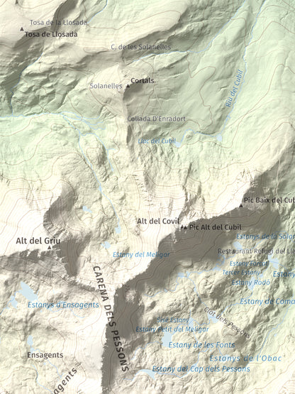 Mapa de relieve de Montmalús, 2781 m, Andorra, lámina 100 Cims de Trobart. Detalle de la zona superior izquierda. 30 × 40 cm.