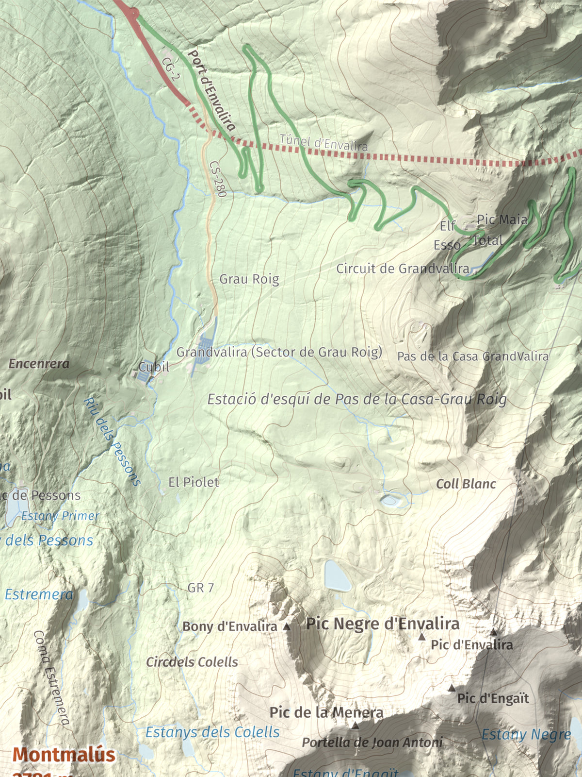 Mapa de relieve de Montmalús, 2781 m, Andorra, lámina 100 Cims de Trobart. Detalle de la zona superior derecha. 30 × 40 cm.