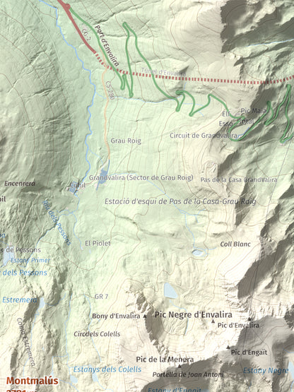 Mapa de relieve de Montmalús, 2781 m, Andorra, lámina 100 Cims de Trobart. Detalle de la zona superior derecha. 30 × 40 cm.
